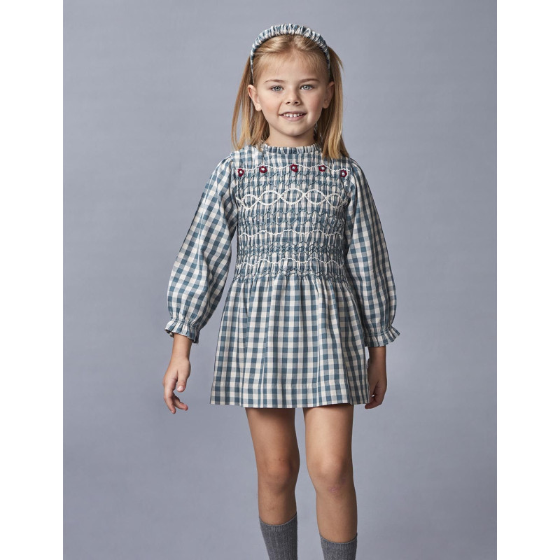 Vestido cuadros con bordado verde | Gocco