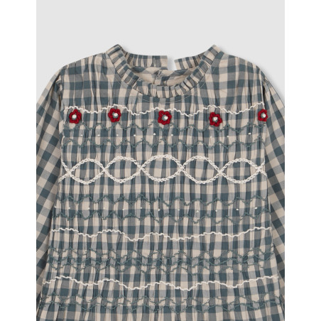 Vestido cuadros con bordado verde | Gocco