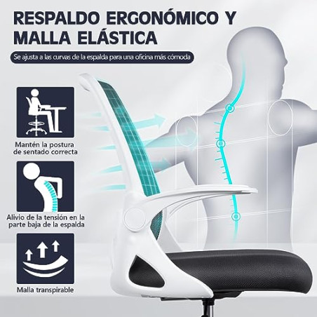 KERDOM Silla de oficina ergonómica, silla de escritorio con reposabrazos plegables y soporte lumbar, silla giratoria de altura 