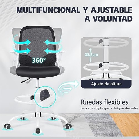 KERDOM Silla de oficina ergonómica, silla de escritorio con reposabrazos plegables y soporte lumbar, silla giratoria de altura 
