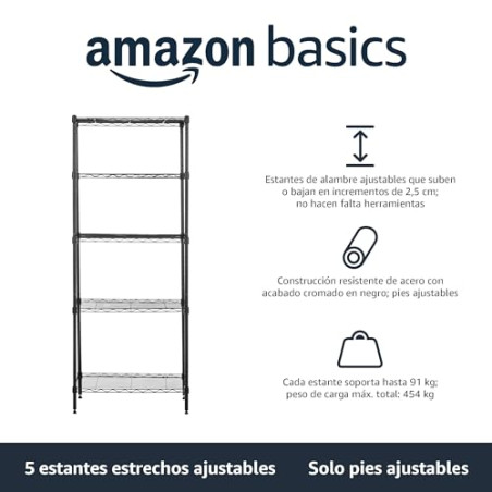 Amazon Basics Unidad de almacenamiento estrecha de 5 baldas con estantes ajustables en altura y patas niveladoras, sin ruedas, N