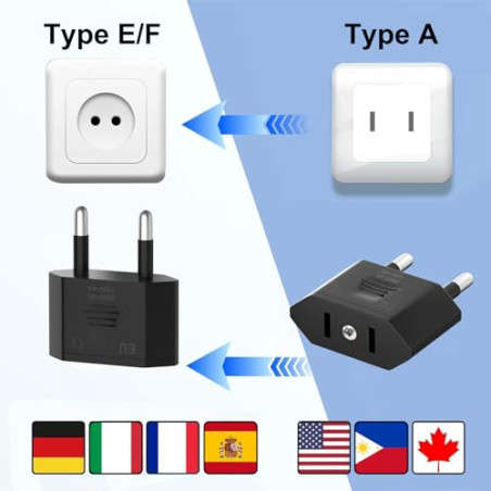 Clomnpe 4 Piezas Adaptador Enchufe Americano a Europeo, Adaptador Enchufe USA a España, Compacto, Fácil de Transportar y Usar,