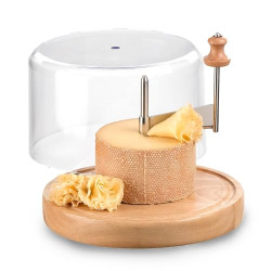Iris Barcelona Cortador de Queso Horizontal con Tabla de Madera Redonda y Tapa Transparente, Eje Central Giratorio con Cuchilla 