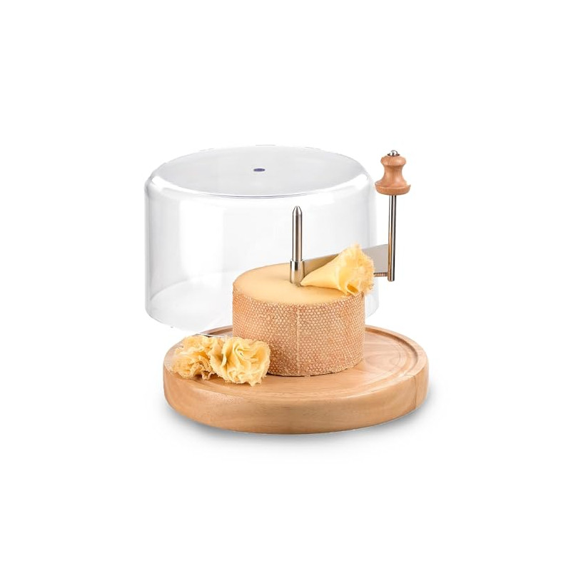 Iris Barcelona Cortador de Queso Horizontal con Tabla de Madera Redonda y Tapa Transparente, Eje Central Giratorio con Cuchilla 