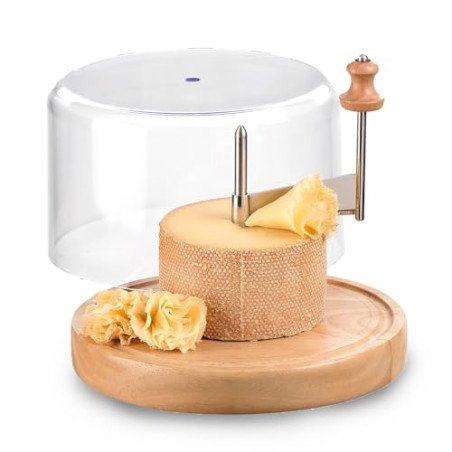 Iris Barcelona Cortador de Queso Horizontal con Tabla de Madera Redonda y Tapa Transparente, Eje Central Giratorio con Cuchilla 
