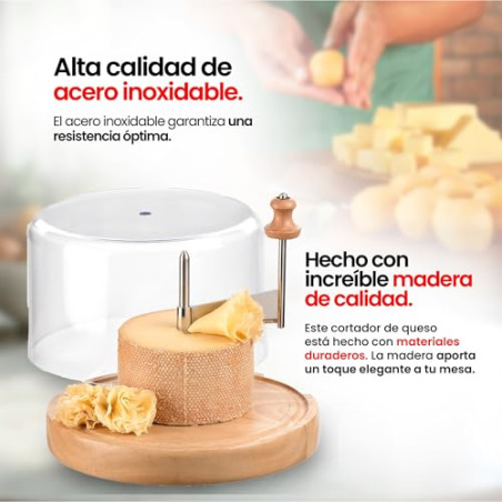 Iris Barcelona Cortador de Queso Horizontal con Tabla de Madera Redonda y Tapa Transparente, Eje Central Giratorio con Cuchilla 