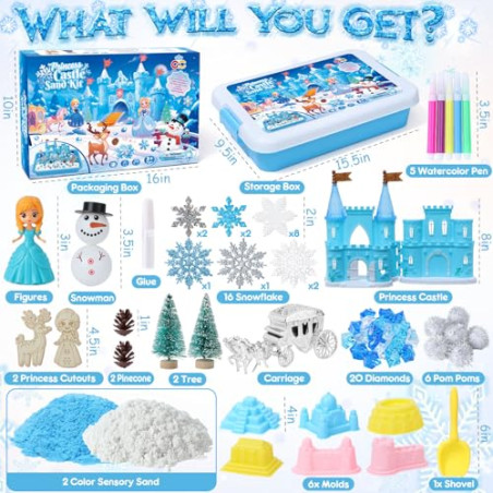 Vamei Arena Mágica y Cinética, Frozen Arena Caja con 900g Magic Sand Elsa Frozen Juguetes Castillo Frozen Muñeco de Nieve Jug
