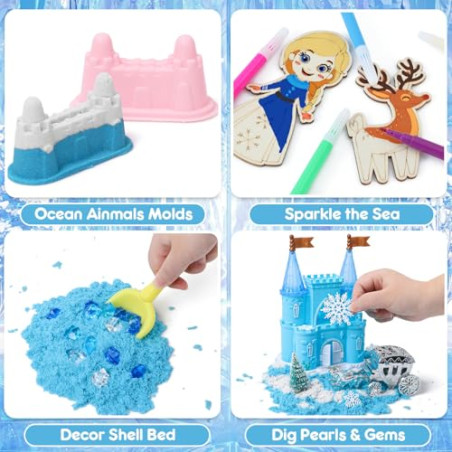 Vamei Arena Mágica y Cinética, Frozen Arena Caja con 900g Magic Sand Elsa Frozen Juguetes Castillo Frozen Muñeco de Nieve Jug