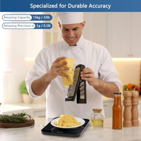 Vitafit Báscula digital de cocina de 15 kg, Balanza Cocina de graduación precisa de 1g, Peso Cocina con Pantalla LED, Multifun