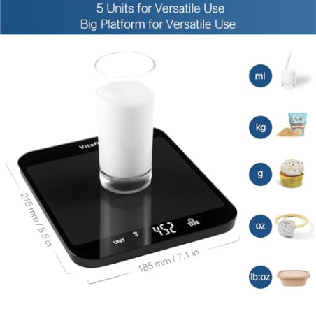 Vitafit Báscula digital de cocina de 15 kg, Balanza Cocina de graduación precisa de 1g, Peso Cocina con Pantalla LED, Multifun