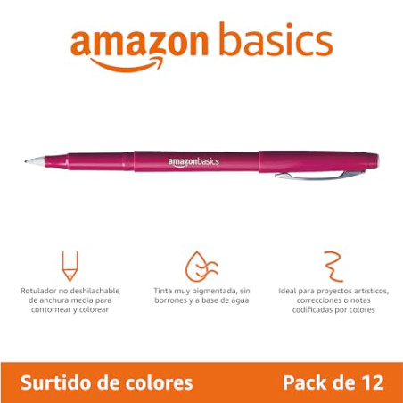 Amazon Basics Rotuladores de punta de fieltro, colores surtidos, paquete de 12