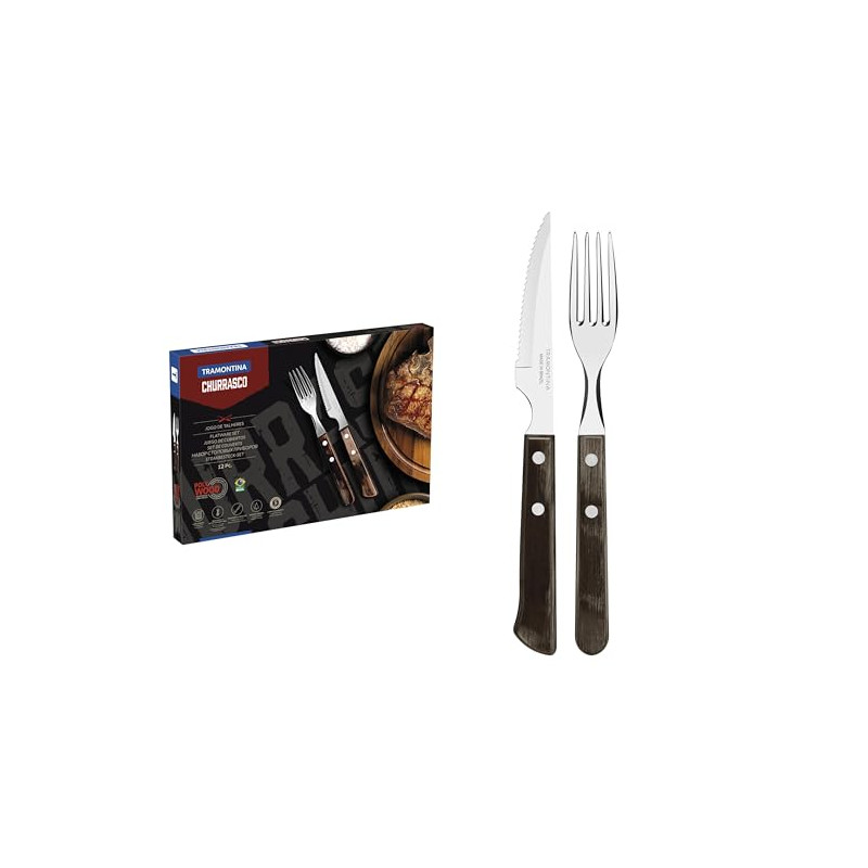 TRAMONTINA - Juego de Cubiertos Churrasco, para Carne, en Acero Inoxidable y Mangos de Madera Polywood en Color Castaño, Utensi