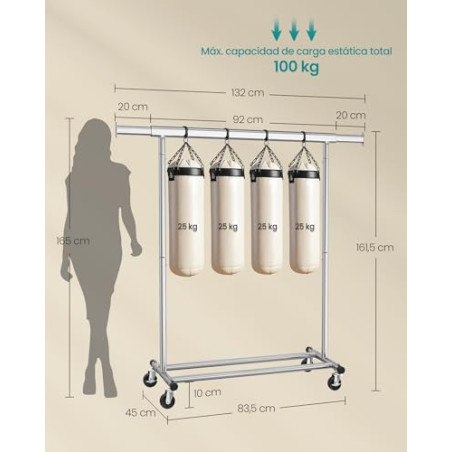 SONGMICS Burro Ropa con Ruedas, Perchero Burro Extensible con Carga Pesada, Capacidad de Carga Máx. de 100 kg, 45 x (92-132) x 