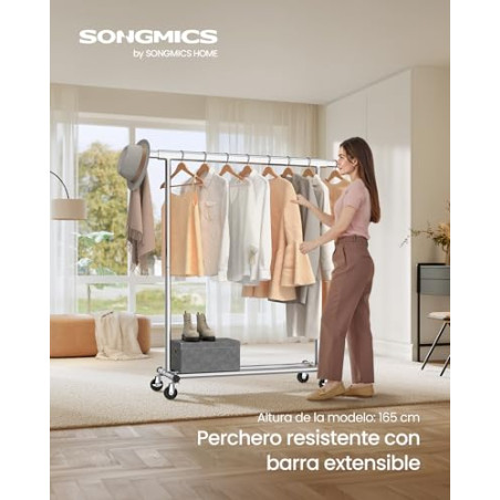 SONGMICS Burro Ropa con Ruedas, Perchero Burro Extensible con Carga Pesada, Capacidad de Carga Máx. de 100 kg, 45 x (92-132) x 