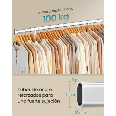 SONGMICS Burro Ropa con Ruedas, Perchero Burro Extensible con Carga Pesada, Capacidad de Carga Máx. de 100 kg, 45 x (92-132) x 