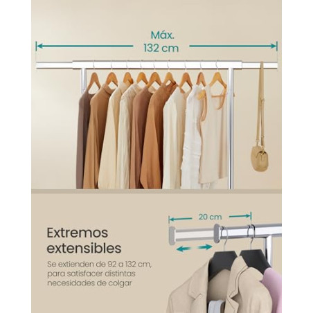 SONGMICS Burro Ropa con Ruedas, Perchero Burro Extensible con Carga Pesada, Capacidad de Carga Máx. de 100 kg, 45 x (92-132) x 