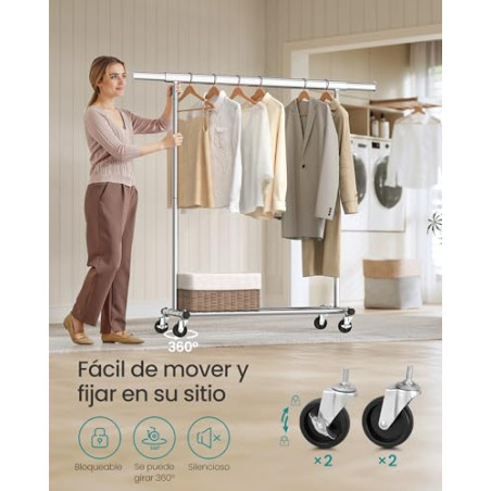 SONGMICS Burro Ropa con Ruedas, Perchero Burro Extensible con Carga Pesada, Capacidad de Carga Máx. de 100 kg, 45 x (92-132) x 