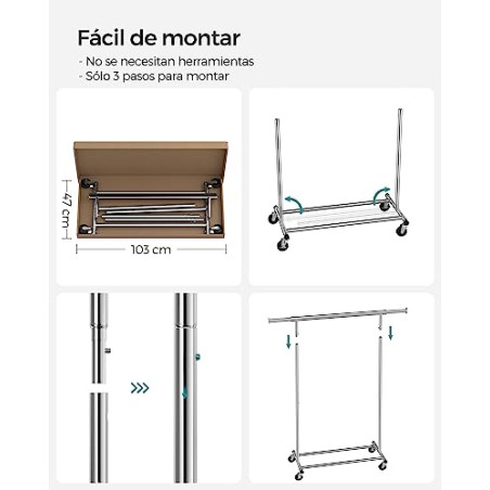 SONGMICS Burro Ropa con Ruedas, Perchero Burro Extensible con Carga Pesada, Capacidad de Carga Máx. de 100 kg, 45 x (92-132) x 