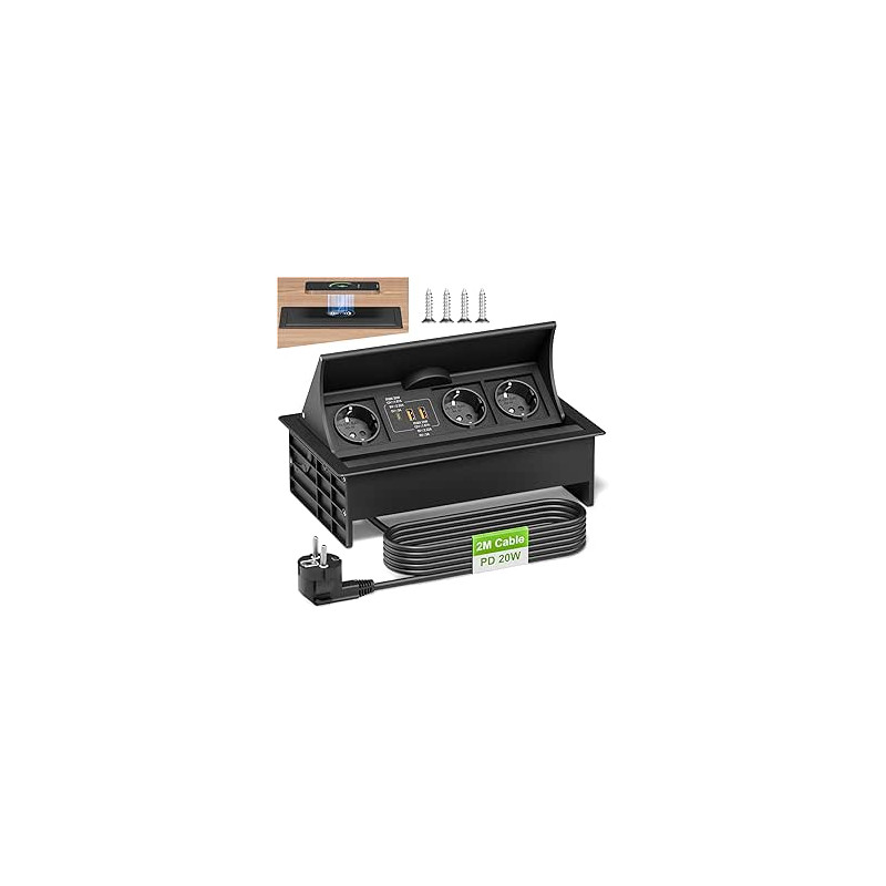 Regleta Enchufes Empotrable Mesa con USB C PD 20W, Enchufe Retractil con 15W de Carga Inalámbrica, Toma Empotrable Escritorio 3