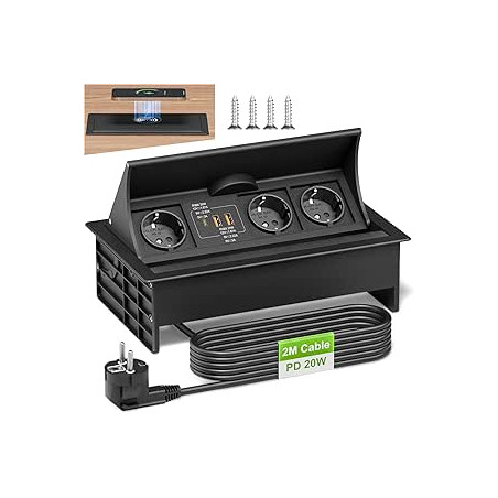 Regleta Enchufes Empotrable Mesa con USB C PD 20W, Enchufe Retractil con 15W de Carga Inalámbrica, Toma Empotrable Escritorio 3