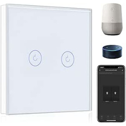 BSEED Interruptor de Pared WiFi,Interruptor Inteligente 2 Gang 1 Vía con Pantalla Táctil Blanco,Compatible con Alexa, Google H