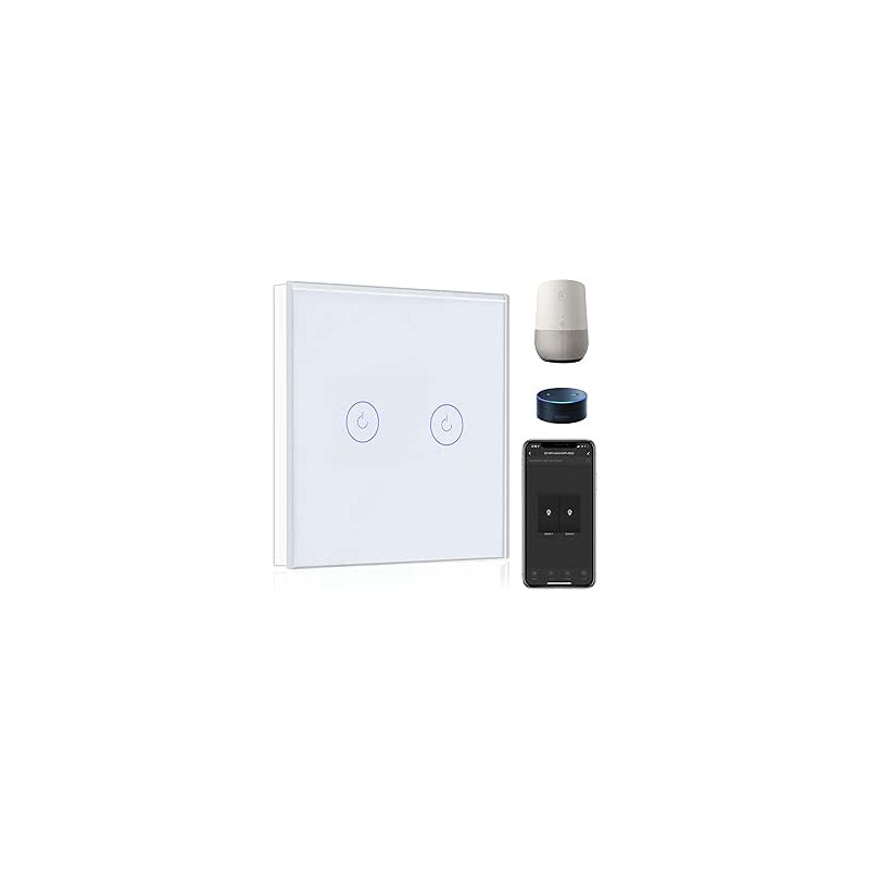 BSEED Interruptor de Pared WiFi,Interruptor Inteligente 2 Gang 1 Vía con Pantalla Táctil Blanco,Compatible con Alexa, Google H