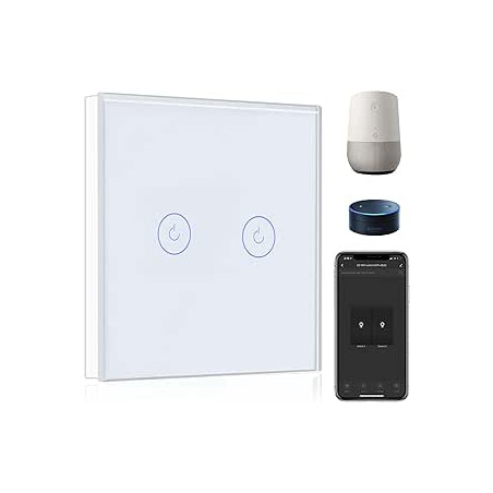 BSEED Interruptor de Pared WiFi,Interruptor Inteligente 2 Gang 1 Vía con Pantalla Táctil Blanco,Compatible con Alexa, Google H