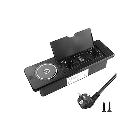 2 Tomas Presa da Tavolo con Caricatore Wireless Multipresa Incasso con 2 USB y 1 USB-C Superficie di Ricarica Qi Coperchio a Rib