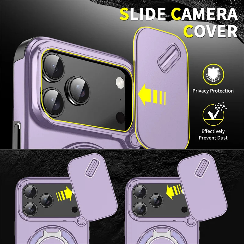 Armadura funda para iphone 17 pro max caso slide lente câmera protetor capa para iphone17 pro 17pro max anel suporte à prova d