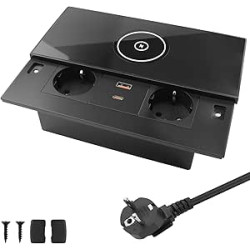Enchufe Empotrable con Cargador Inalámbrico Carga Rápida Toma de Mesa Deslizante de Acero Inoxidable 2 Tomas Schuko USB-A USB-