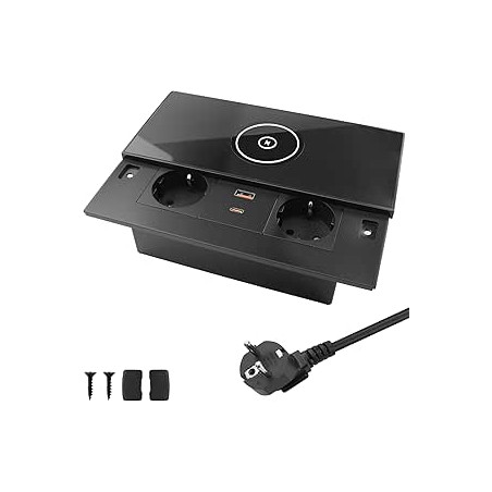 Enchufe Empotrable con Cargador Inalámbrico Carga Rápida Toma de Mesa Deslizante de Acero Inoxidable 2 Tomas Schuko USB-A USB-
