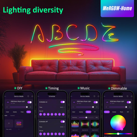 MeRGBW-Home Tiras LED Neon 3M, Luces LED Strip RGB de Neón de DIY Siliconecon, Control por App, Inteligente Control Segmentado 