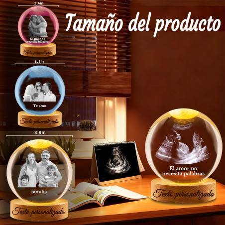 Bola de Cristal con Luz Nocturna - Esfera Personalizada con Foto 3D para Regalos Emocionales, Recuerdo de Bebé, Mascotas y Fami