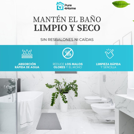 Pure 4Home Alfombra Diatomita Baño 60x40 – Secado Rápido, Antideslizante y Antibacteriana – Alfombrilla Piedra Diatomita S