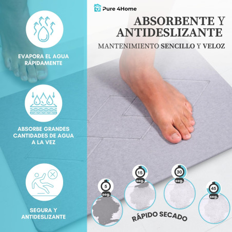 Pure 4Home Alfombra Diatomita Baño 60x40 – Secado Rápido, Antideslizante y Antibacteriana – Alfombrilla Piedra Diatomita S