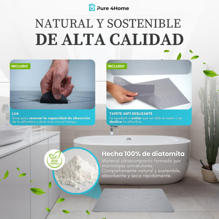 Pure 4Home Alfombra Diatomita Baño 60x40 – Secado Rápido, Antideslizante y Antibacteriana – Alfombrilla Piedra Diatomita S