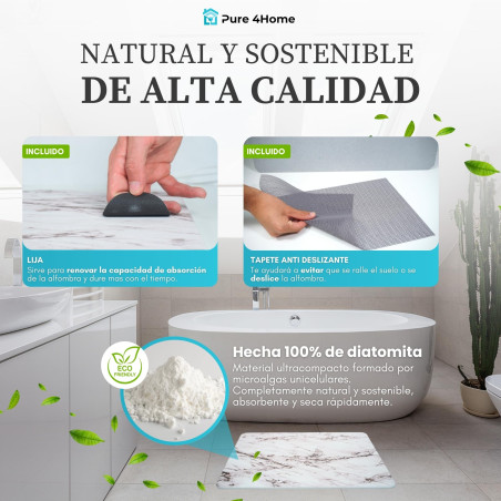 Pure 4Home Alfombra Diatomita Baño 60x40 – Secado Rápido, Antideslizante y Antibacteriana – Alfombrilla Piedra Diatomita S