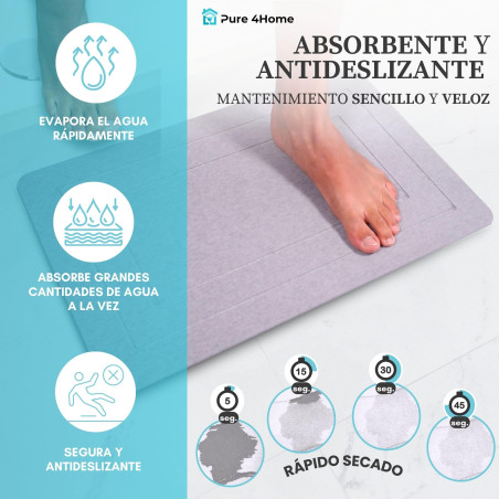 Pure 4Home Alfombra Diatomita Baño 60x40 – Secado Rápido, Antideslizante y Antibacteriana – Alfombrilla Piedra Diatomita S