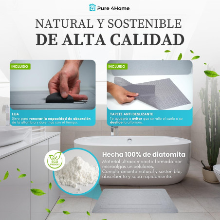 Pure 4Home Alfombra Diatomita Baño 60x40 – Secado Rápido, Antideslizante y Antibacteriana – Alfombrilla Piedra Diatomita S