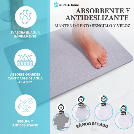 Pure 4Home Alfombra Diatomita Baño 60x40 – Secado Rápido, Antideslizante y Antibacteriana – Alfombrilla Piedra Diatomita S