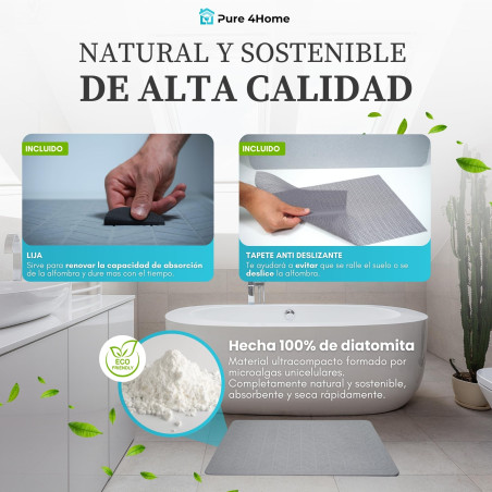 Pure 4Home Alfombra Diatomita Baño 60x40 – Secado Rápido, Antideslizante y Antibacteriana – Alfombrilla Piedra Diatomita S