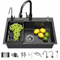 Fregadero de cocina Gris oscuro, 304 de acero inoxidable, 80 x 50 cm, para empotrar con grifo, dispensador de jabón, grifo de a
