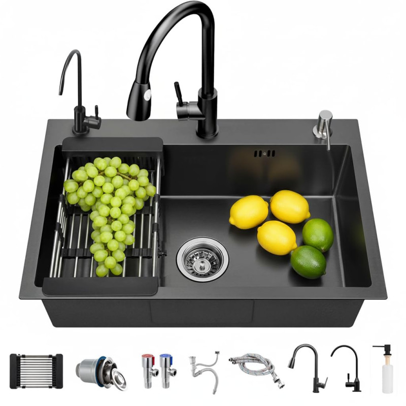 Fregadero de cocina Gris oscuro, 304 de acero inoxidable, 80 x 50 cm, para empotrar con grifo, dispensador de jabón, grifo de a