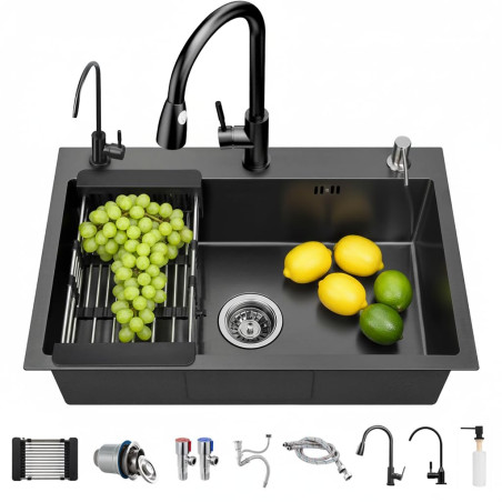 Fregadero de cocina Gris oscuro, 304 de acero inoxidable, 80 x 50 cm, para empotrar con grifo, dispensador de jabón, grifo de a