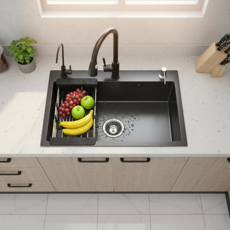 Fregadero de cocina Gris oscuro, 304 de acero inoxidable, 80 x 50 cm, para empotrar con grifo, dispensador de jabón, grifo de a