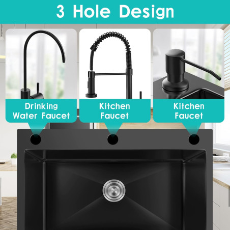 Fregadero de cocina Gris oscuro, 304 de acero inoxidable, 80 x 50 cm, para empotrar con grifo, dispensador de jabón, grifo de a