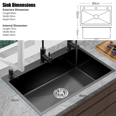 Fregadero de cocina Gris oscuro, 304 de acero inoxidable, 80 x 50 cm, para empotrar con grifo, dispensador de jabón, grifo de a